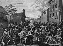 Ausmarsch englischer Truppen – Unbarmherzig wird die Verwilderung der englischen Armee gegeißelt, die 1745 zur Abwehr des in Schottland gelandeten Stuart-Prätendenten auszog. Nach dem Siege über ihn bei Culloden tobte sich ihre Blutgier gegenüber den Anhängern des Geschlagenen aus. - Gemälde von William Hogarth.