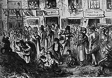 Hier hält König Cholera Hof – Trotz aller Anklagen wohlmeinender Menschenfreunde, trotz aller Untersuchungsausschüsse und wohltätigen Vereine ist es nicht möglich gewesen, aus den englischen Großstädten das krasse Elend zu vertreiben, das dort in den Jahren der "industriellen Revolution" seinen Einzug hielt. -Zeichnung aus dem" Punch" (1852)