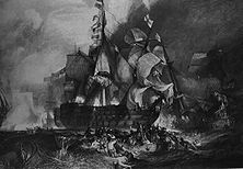 Die Seeschlacht von Trafalgar – Nelsons Sieg bei Trafalgar (November 1805) vernichtete die schlecht geführte französische Flotte und nahm damit Napoleon die Möglichkeit, das höchste Ziel seines Strebens zu erreichen: die Zerschlagung der britischen Weltmacht. Gemälde von Turner.