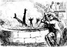 Barbarische Methoden in Westindien Im englischen Unterhaus war 1797 zur Sprache gekommen, daß ein englischer Sklavenhalter einen wegen Krankheit arbeitsunfähigen Neger dreiviertel Stunden lang in einen mit kochendem Zuckersaft gefüllten Kessel gesteckt hatte. Zeichnung des Engländers James Gillray..